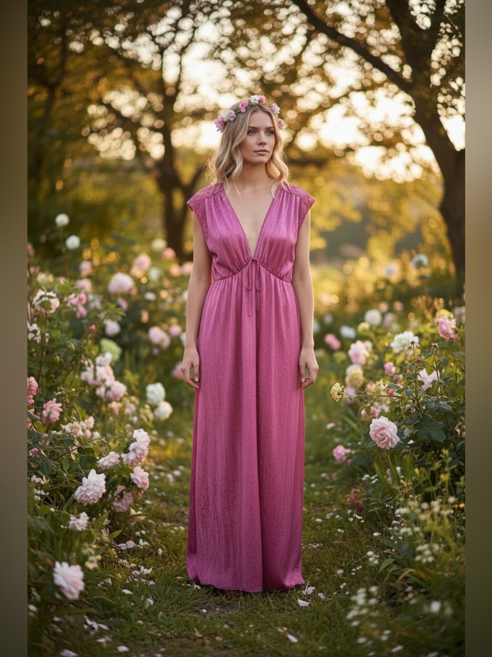 VTG Another Glance Magenta Pink Maxi Nightgown Romantic Cottagecore Nylon L